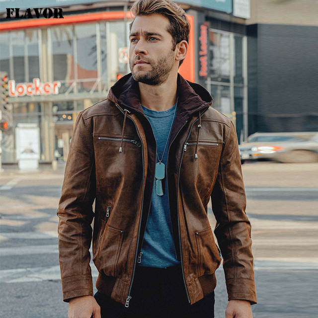 New Men’s Brown Leather Jacket Genuine Leather Men Motorcycle With Removable Hood Warm For Men