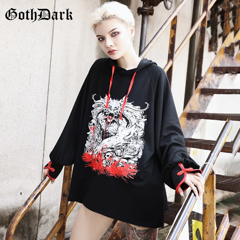 Goth Dark Print Loose Grunge Punk Gothic Sweatshirt Harajuku Autumn Hoodies Longsleeve Aesthetic Strap Fashion Patchwork