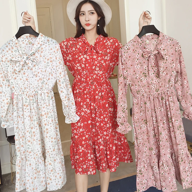 Vestido de gasa de mujer 2019 Primavera Verano mujer elegante vintage manga larga estampado floral a line vestidos vestido casual| Vestidos| - AliExpress