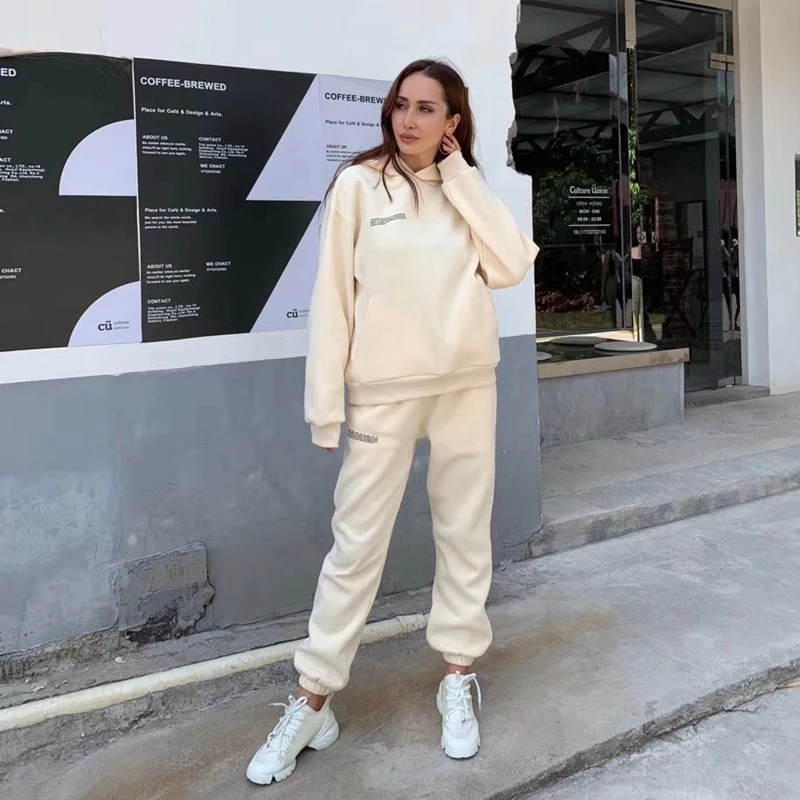 Solid Fleece Hooded Sweatshirts Hoodies Track Pants Joggers Women Children clothes Tracksuits Thick Two Piece Sets Autumn Winter
