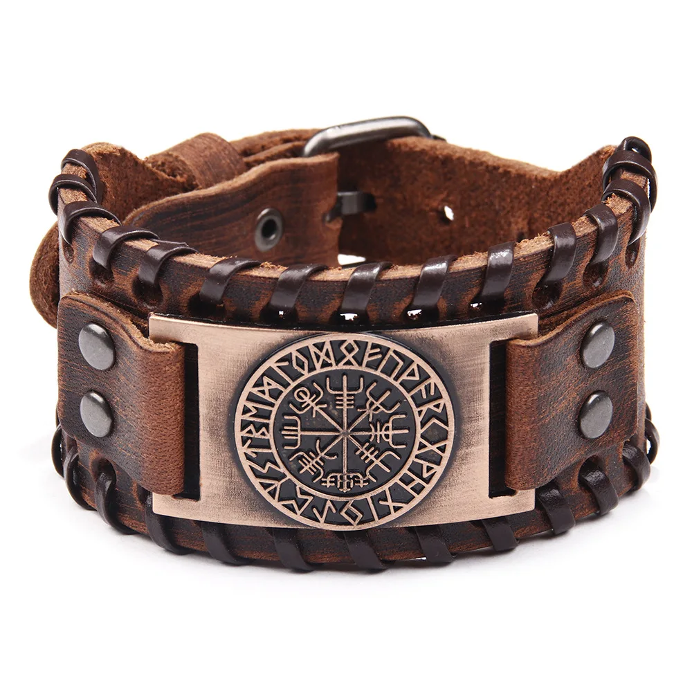 Ретро viking кожаный браслет для мужчин с Odin символ рун скандинавские браслеты с компасом - Окраска металла: 2