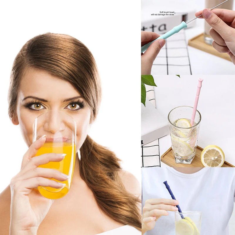 

Modern Reusable Folding Silicone Drinking Straws Portable Food Grade Tools with Box Cleaning Brush Drinking Kitchen Accessories
