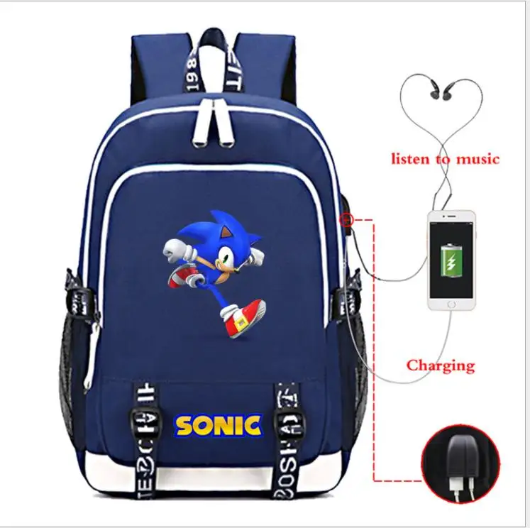 Sonic рюкзак с ежом с usb зарядным портом и замком и разъемом для наушников для студентов колледжа школьные сумки - Цвет: as pictures