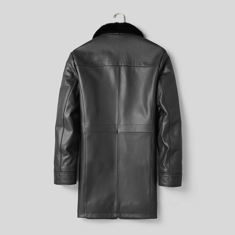 DK Natural Mink Fur Clothing Men Medium Long Winter Warm Leather Genuine Black Slim Sheepskin Leather Jackets