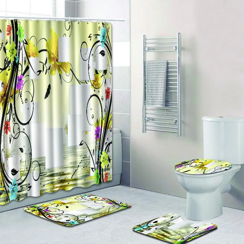

3D Flower Pattern Bathroom Shower Curtain Modern Polyester Fabric Toilet Seat Cover Anti-slip Bath Mat Carpet Home Decor
