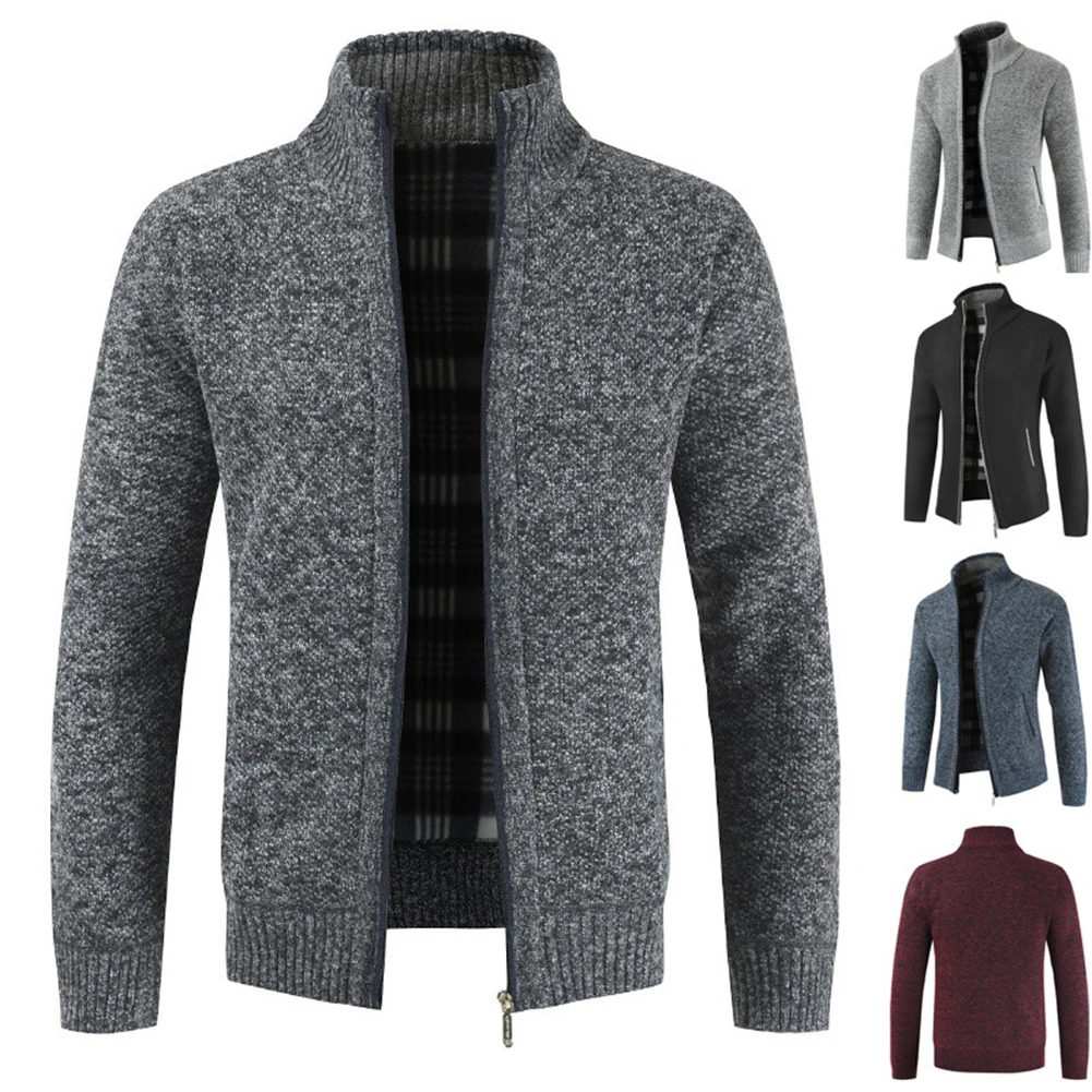 Men Solid Color Stand Collar Cardigan Sweater Thick Zip Slim Knit Jacket Coat