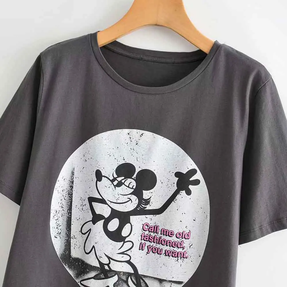 Модная Милая серая футболка с рисунком Минни Маус и буквенным принтом, пуловер с круглым вырезом и коротким рукавом, Повседневная Милая женская Свободная футболка
