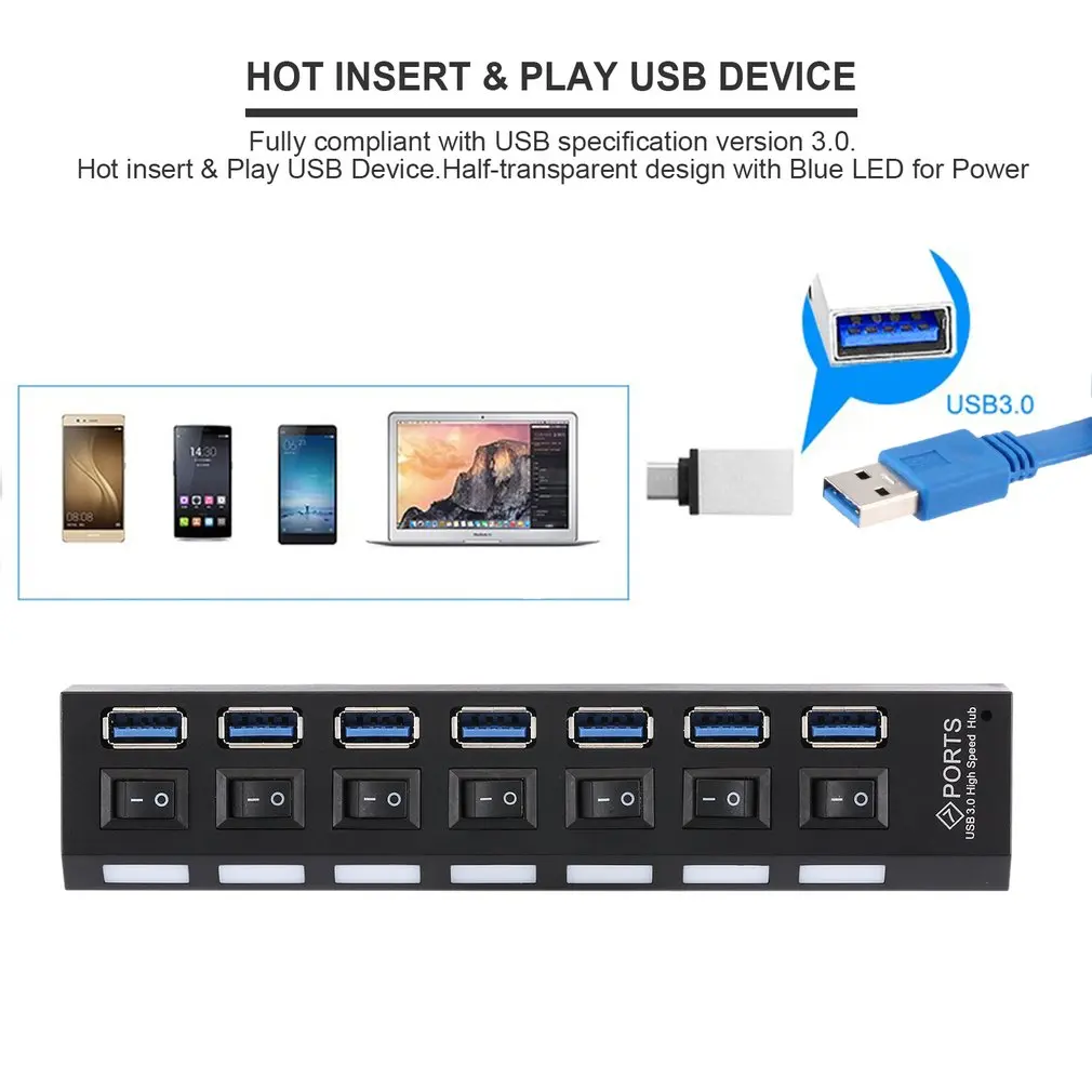 7-Порты и разъёмы USB 3,0 концентратор сплиттер с переключатель высокого Скорость 5 Гбит/с usb-хаб мульти разделители USB Поддержка 1 ТБ HDD для ПК