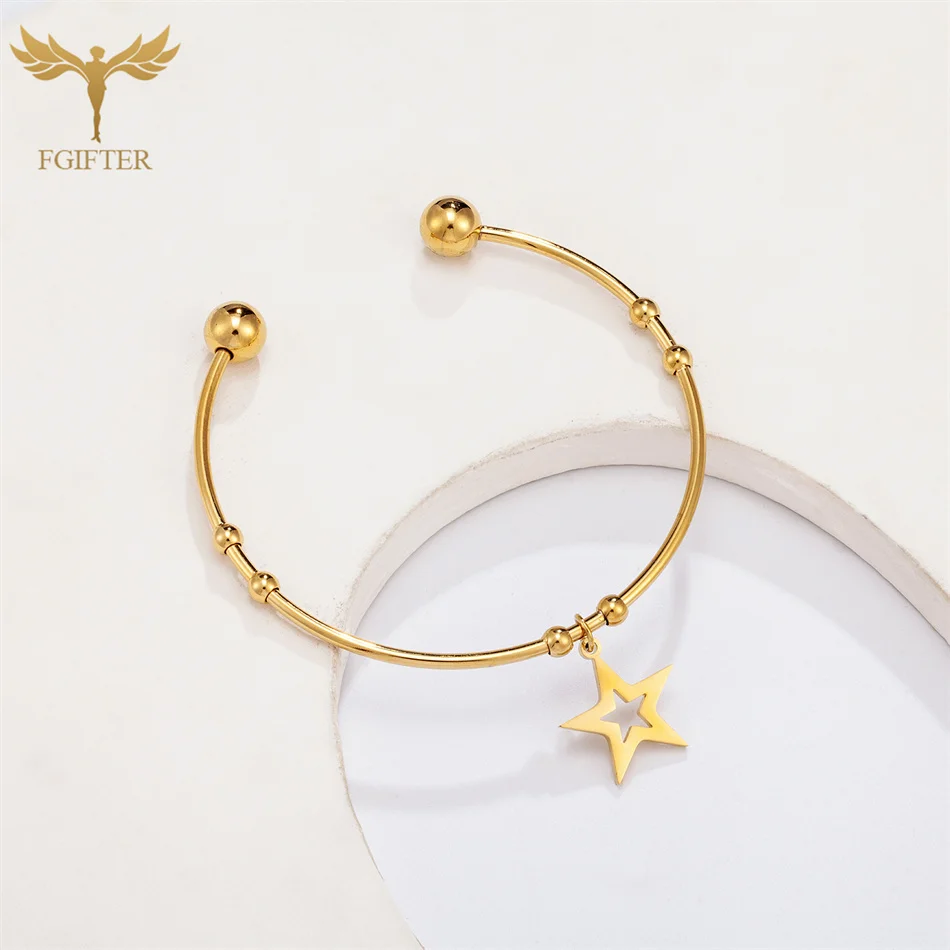Hollow Star Bracelet Pendant Golden Stainless Steel Woman Bangle Five-pointed Star Bead Ball Open Bracelet Woman Fashion Jewelry 2