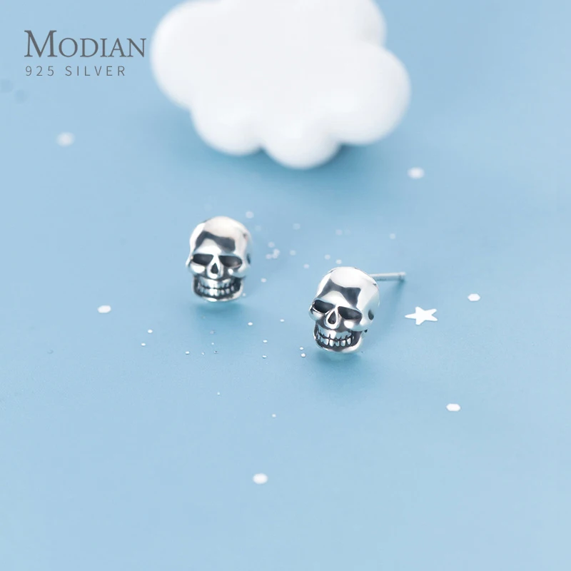 

Modian New 925 Sterling Silver Creative Retro Skull Stud Earring Trendy Street Punk Style Ear Pin for Men Women Fine Jewelry