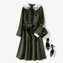 Осеннее и зимнее новое шерстяное длинное пальто с кружевным кукольным воротником и поясом