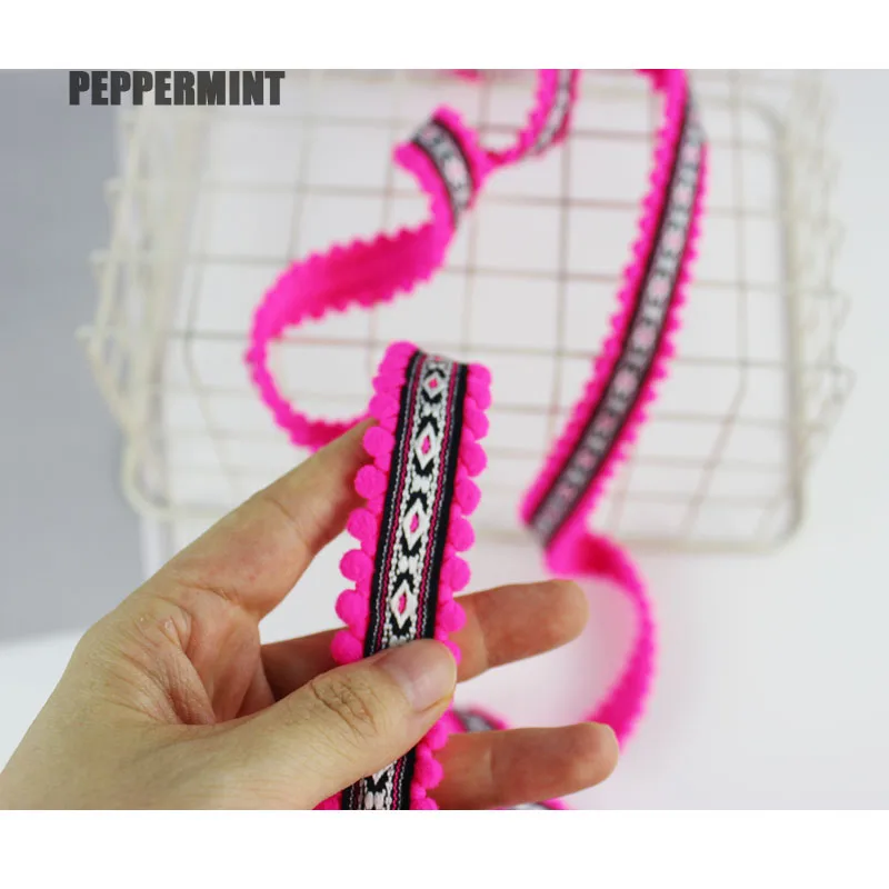 1yard25cmHotPinkJacquardRibbonwithpompomEmbroideryTrimBall
