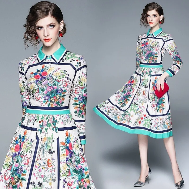 

2019 summer women's clothing boho dress elegant dress High-end fashion printed lapels long-sleeved slim pleated A-line