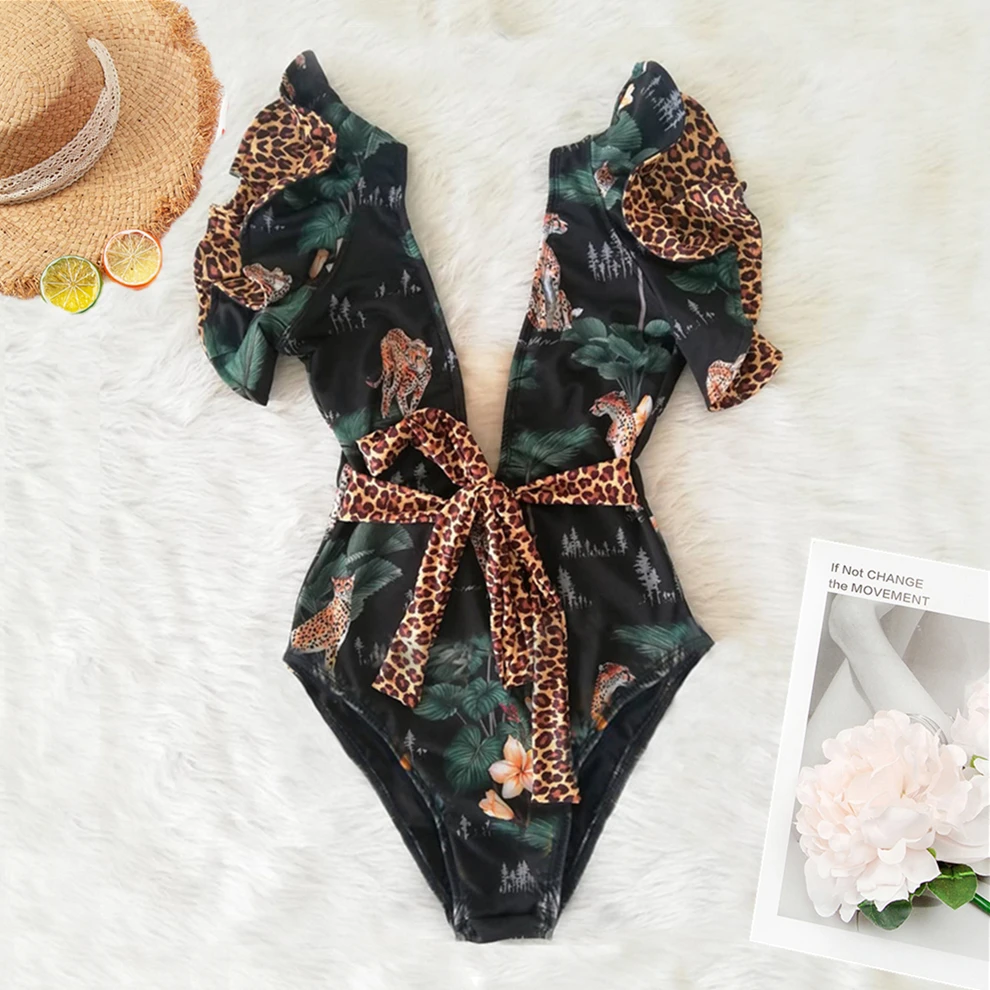 2020 Sexy Swimwear Women One Piece Swimsuit Ruffle Push Up Bandage BodySuit Beachwear V Neck Bathing Suit Female Swimming Suit