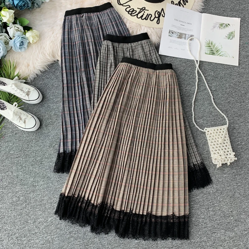 apricot skirt Woherb Винтаж Harajuku клетчатая Высокая талия женские плиссированные юбки осенние длинные юбки эластичная талия линия лоскутное кружево Faldas Mujer - Цвет: apricot skirt