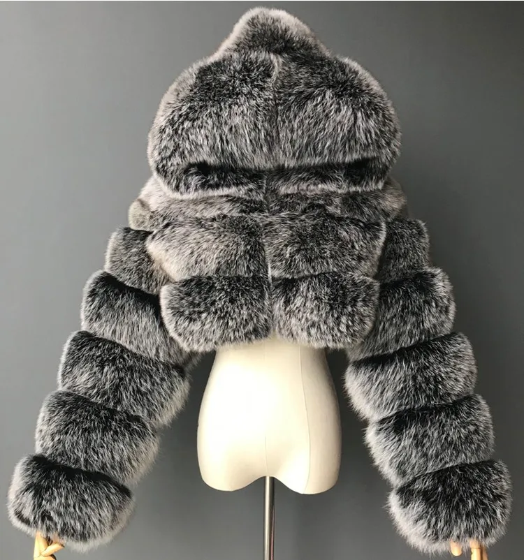 Furry Cropped Faux Fur Coats  Jackets Women Fluffy Top Coat Hooded Winter Fur Jacket 1