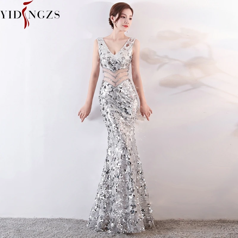 

YIDINGZS New Sequins Evening Dress Women See-through Beads Evening Party Dreess
