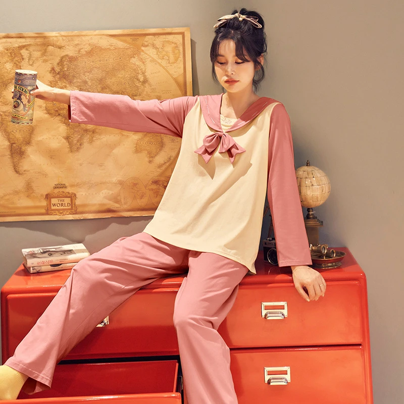 

Autumn and winter ladies pajamas sweet embroidered navy bowknot cotton long-sleeved casual comfortable soft Homewear JJF0207