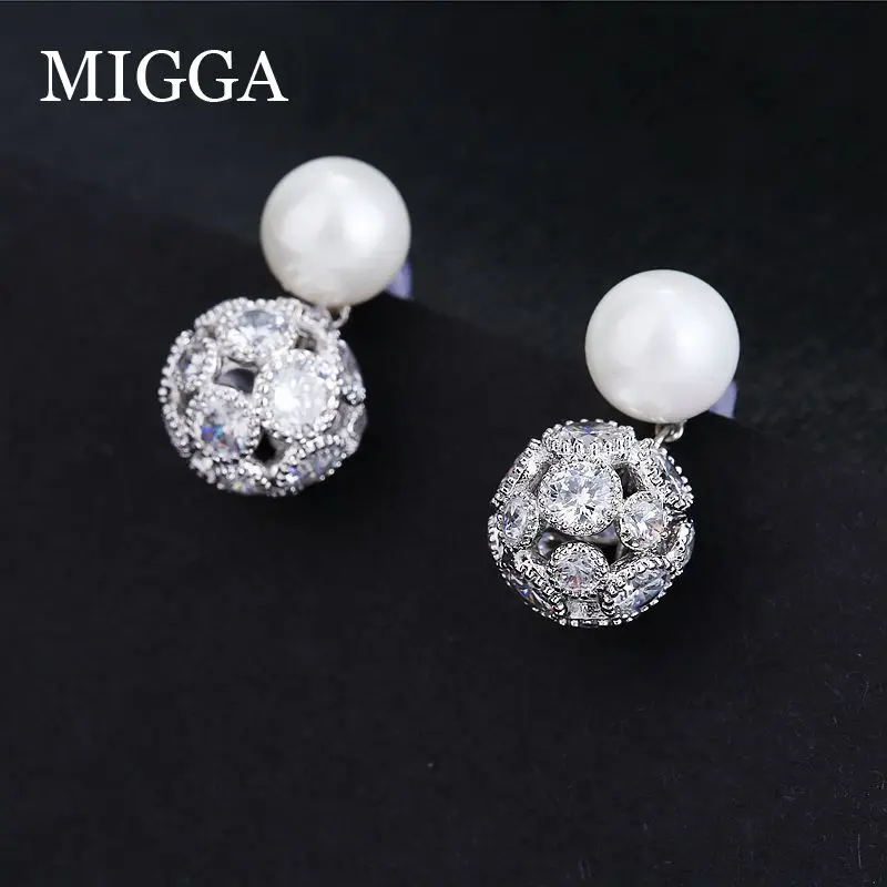 MIGGA элегантный кубический цирконий проложили полые серьги-гвоздики в виде бусинок имитация жемчуга Серьги для женщин