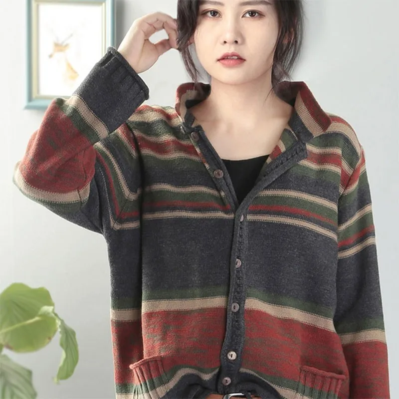 2020 Autumn Winter New Arts Style Women Long Sleeve Loose Single Breasted Cardigan Casual Striped Cotton Hooded Sweaters M455 |