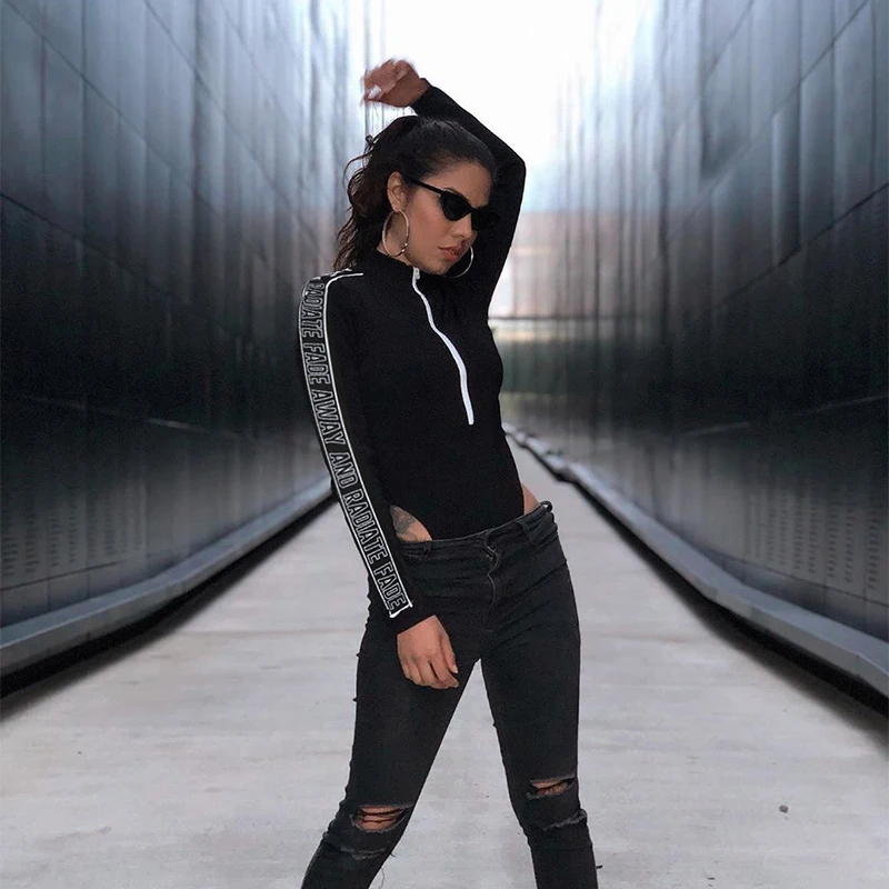 Rapwriter модные боди с высоким воротом на молнии спереди с длинным рукавом и буквенным принтом для женщин осень зима бодикон прозрачное боди с открытой промежностью