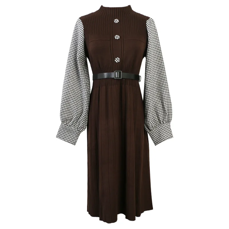 Повседневное плиссированное платье свитер зимнее плотное лоскутное с длинным