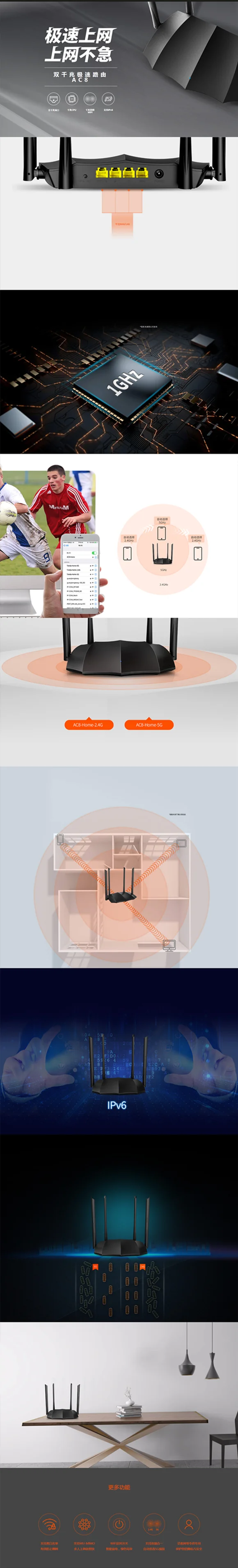 Tenda  AC8 Router Gigabit Version 2.4GHz 5GHz WiFi 1167Mbps WiFi Repeater 128MB DDR3 High Gain 4 Antennas Network Extender