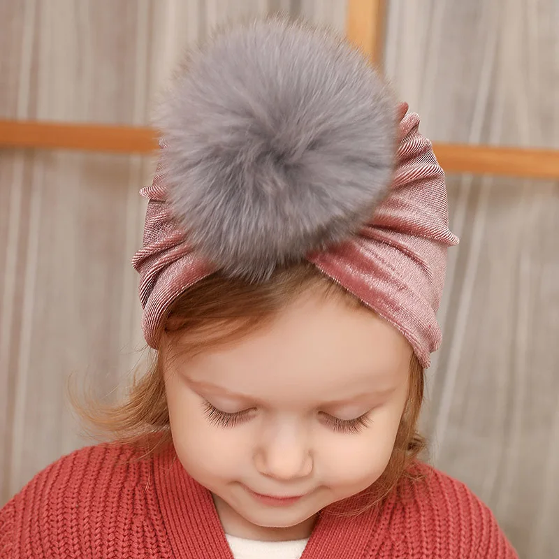 

Gold Velvet Turban Hats Rabbit Fur Ball Newborn Headband Autumn Winter Warm Caps Solid Color Kids Girls Hair Accessories