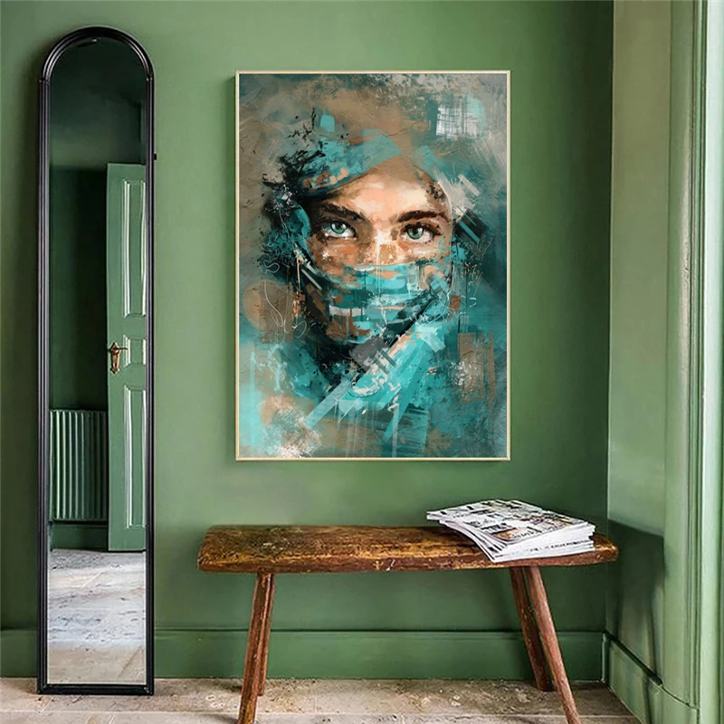 Woman Portrait With Green Veil Watercolor Wall Art Painting Printed on Canvas