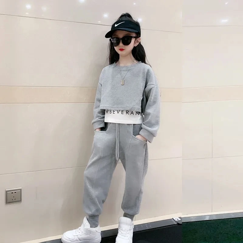 2025년 가을 10대 회색 여자아이 겨울 정장 옷 긴팔 상의 스웨트셔츠 + 발목 묶는 바지 6 7 8 9 10 11 12세 아동 세트