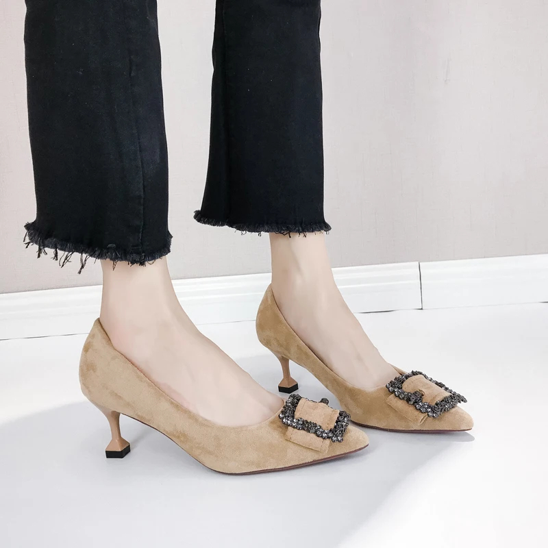 

Rimocy Elegant Crystal Buckle Thin High Heels Shoes Woman 2020 Spring Fashion Faux Suede Pumps Women Sexy Party Wedding Shoes