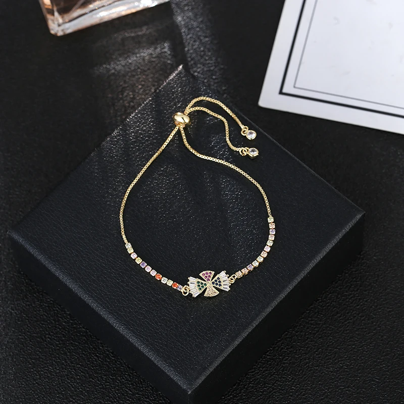Женские cz Clover lucky rainbow Золотые Регулируемые кольцеобразные Браслеты Модный браслет циркония красочный браслет ювелирные изделия подарок