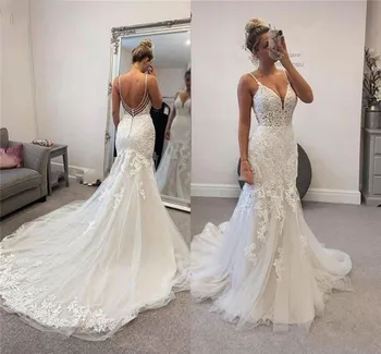 

Custom Made 2020 New Design Wedding Dress Mermaid Open Back Tulle Lace Beading Sexy Bridal Wedding Gowns EY44