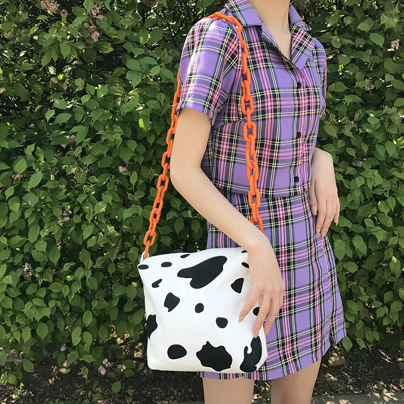 

Milk Cow Pattern Women's Bag Acrylic Chain Women Shoulder Bag Casual Canvas Women Cross Body Bags Large Capacity Female Handbags