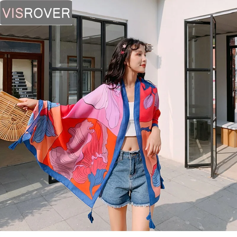 Visrover 2020 Flower Print Beach Scarf Luxury Brand Viscose Blue Floral Hijab Hair Women Scarfs Fashionable Spring Scarves |