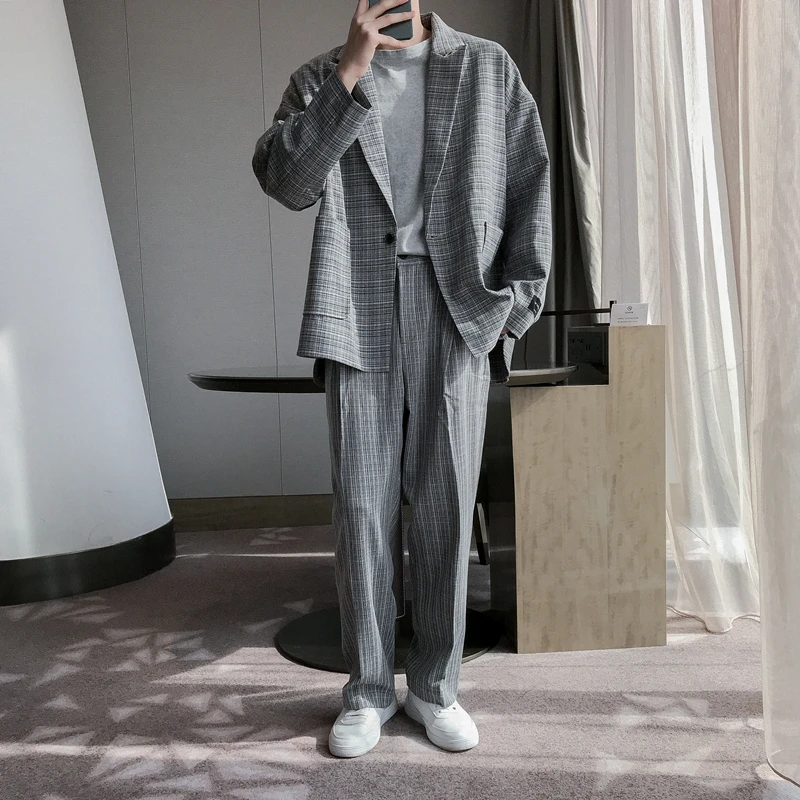 Мужской повседневный костюм из 2 предметов свободный пиджак в клетку + брюки уличная одежда винтажные модные
