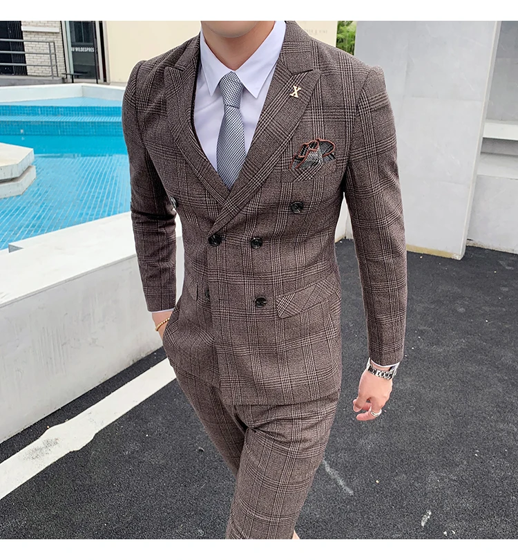 Мужской s Slim Fit двубортный костюм черный серый 3 шт смокинг джентльмена свадебный костюм для жениха деловые костюмы для мужчин Q871