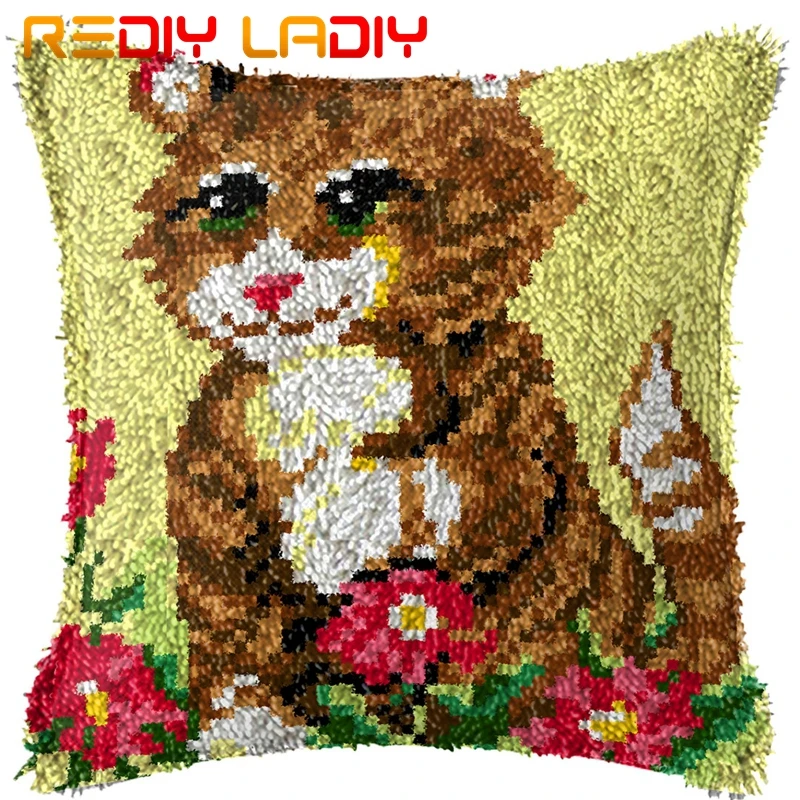Latch Hook Kits Make Your Own Cushion Cat Flowers Pre-Printed Canvas Crochet Pillow Case Cover Arts & Crafts |