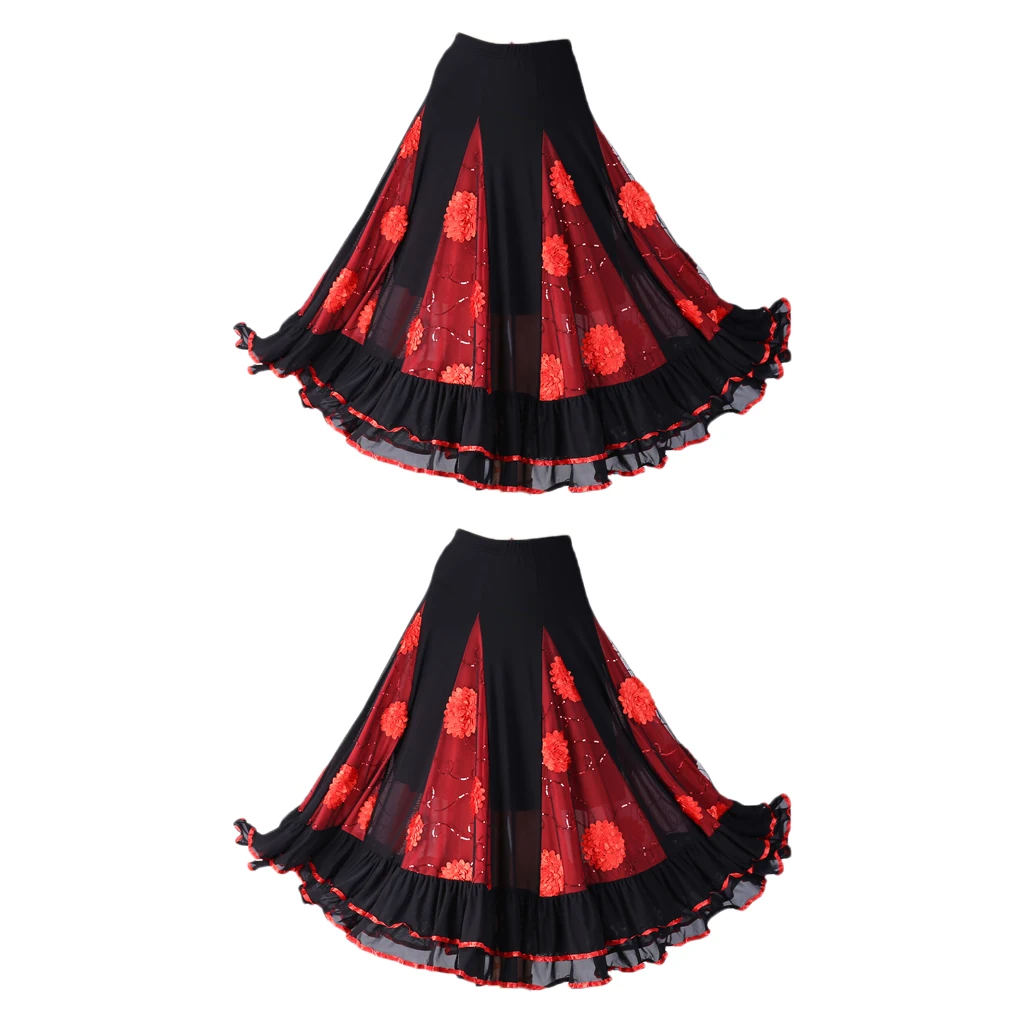 2 x Flamenco Ballroom Waltz Dance Swing Skirt Sequined Floral Party Dress Red