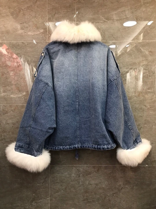 Autumn and winter new women's collar, cuffs, wool splicing decoration, denim zipper top, short coat 1130