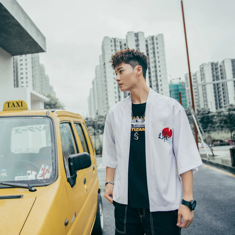 Bebovizi Casual Style Chinese Words Wave Print Cardigan Kimono Jacket Japanese Harajuku Women Men Streetwear Traditional Top