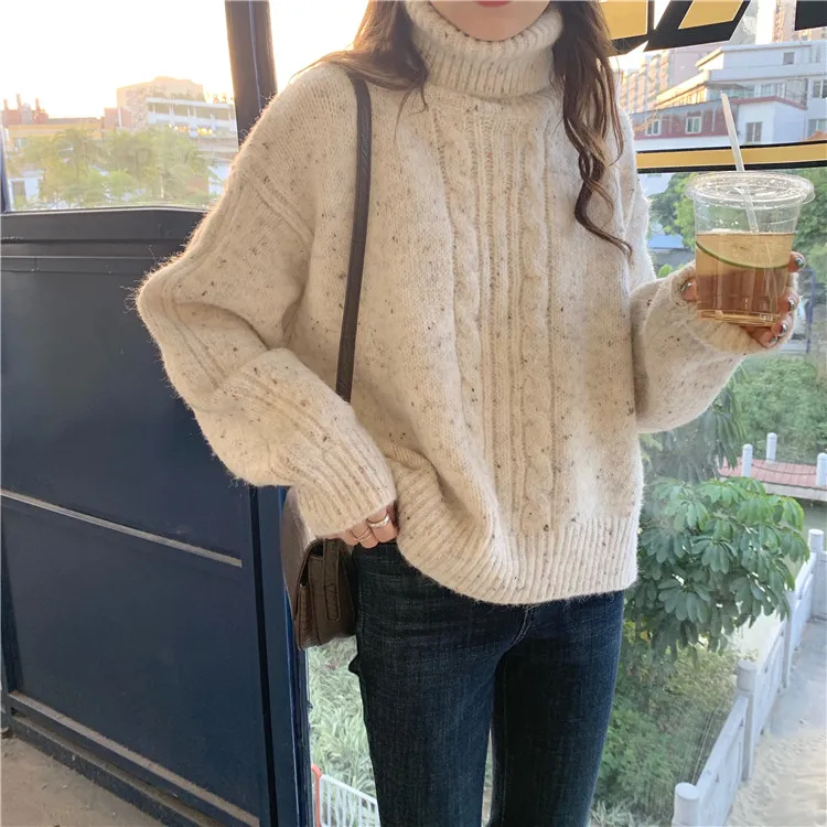 EAD осень и зима высокий воротник твист свитер женский корейский Повседневный свободный толстый вязаный дикий - Цвет: Бежевый