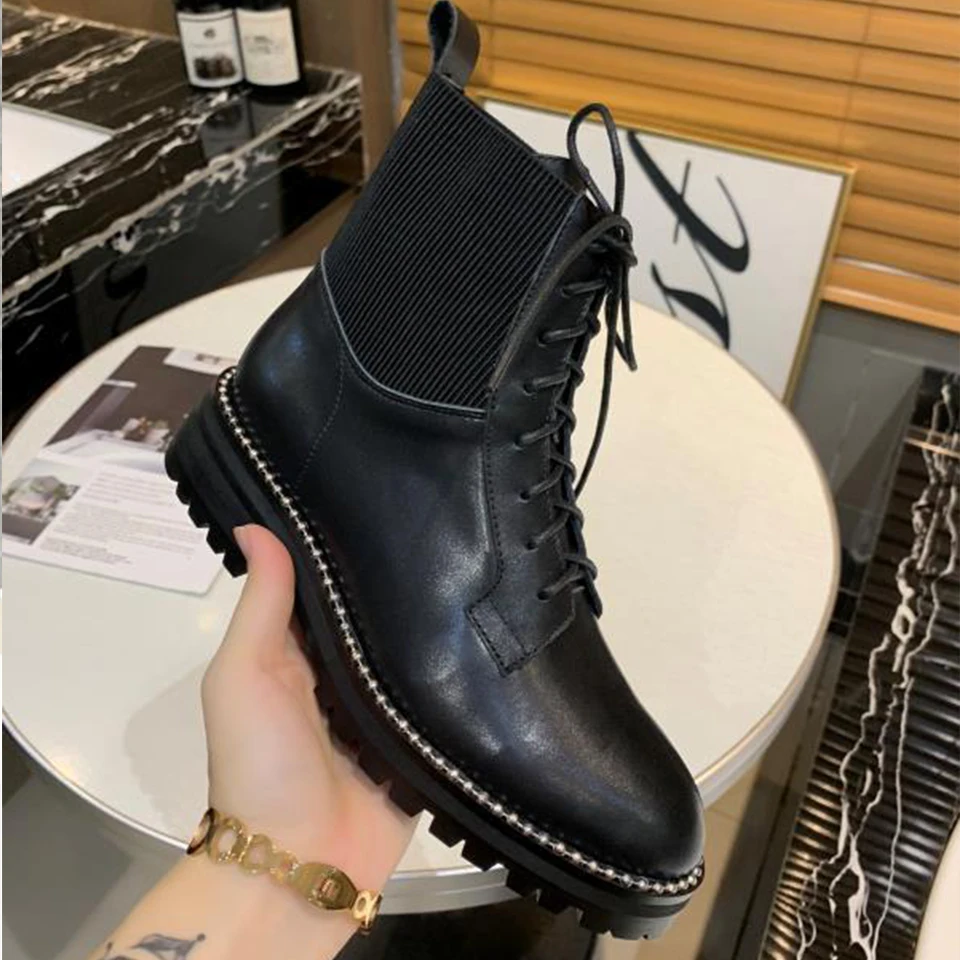 

BELLECOM 2019 Autumn New Type Women's Boots Genuine Leather Tie Martin Boots Flat Bottom Shoes Bare Boots