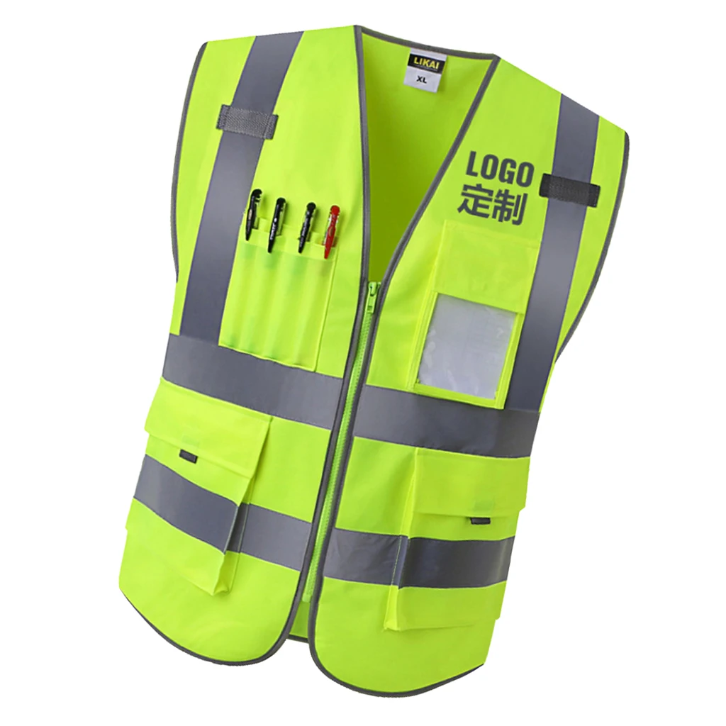 4 Pockets Class 2 High Visibility Zipper Front Safety Vest With Reflective Strips