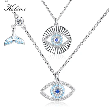 KALETINE Lucky Blue Eye Necklace 925 Sterling Silver Evil Eye Pendant Choker Fishtail Charms Necklace Jewelry Gift For Women Men