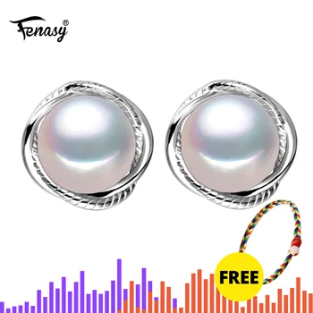 

FENASY S925 Sterling Silver Natural Freshwater Pearl Earrings Korean Style Women Pink Fashion Geometric Small Cute Stud Earrings