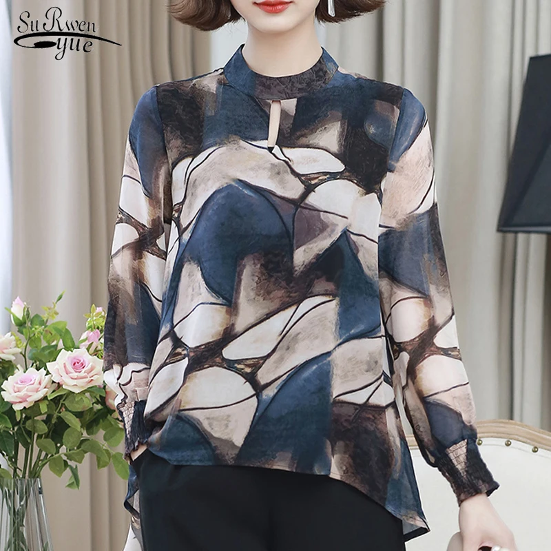 

Camisas Mujer 19 New Long Sleeve Printing Women Blouse Tops OL Pullover Plus Size Plaid Shirt Women Clothes Stand Collar 6891 50