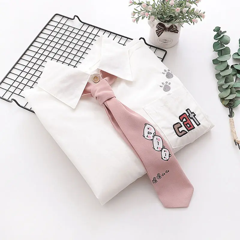 Harajuku Лолита Блузка Повседневная кошка галстук с длинным рукавом Женские блузки Kawaii розовая школьная Милая рубашка Топ