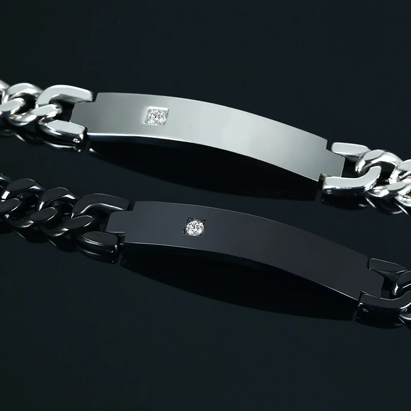Black Stainless Steel Crystal Bracelet Curb Cuban Chain Smooth Bar ID Bracelets for Men Women Bangles