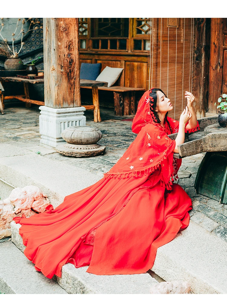 Ретро стиль художественного искусства улучшенное Hanfu средней длины бахромой шаль накидка вышитые двухсекционное платье